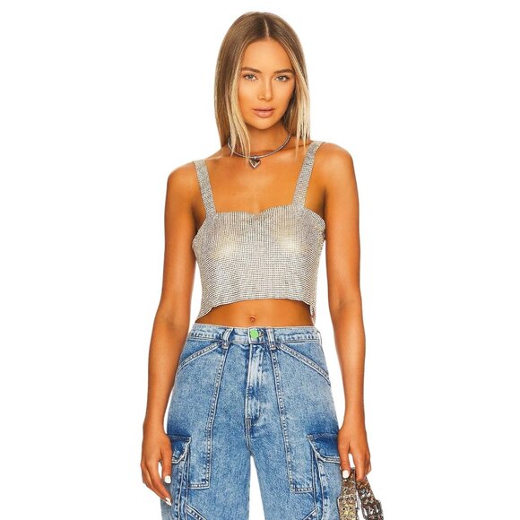 superdown Womens Mackenzie Crop Top in Gold X-Small New Crystal Chainmail Tank - Picture 1 of 12